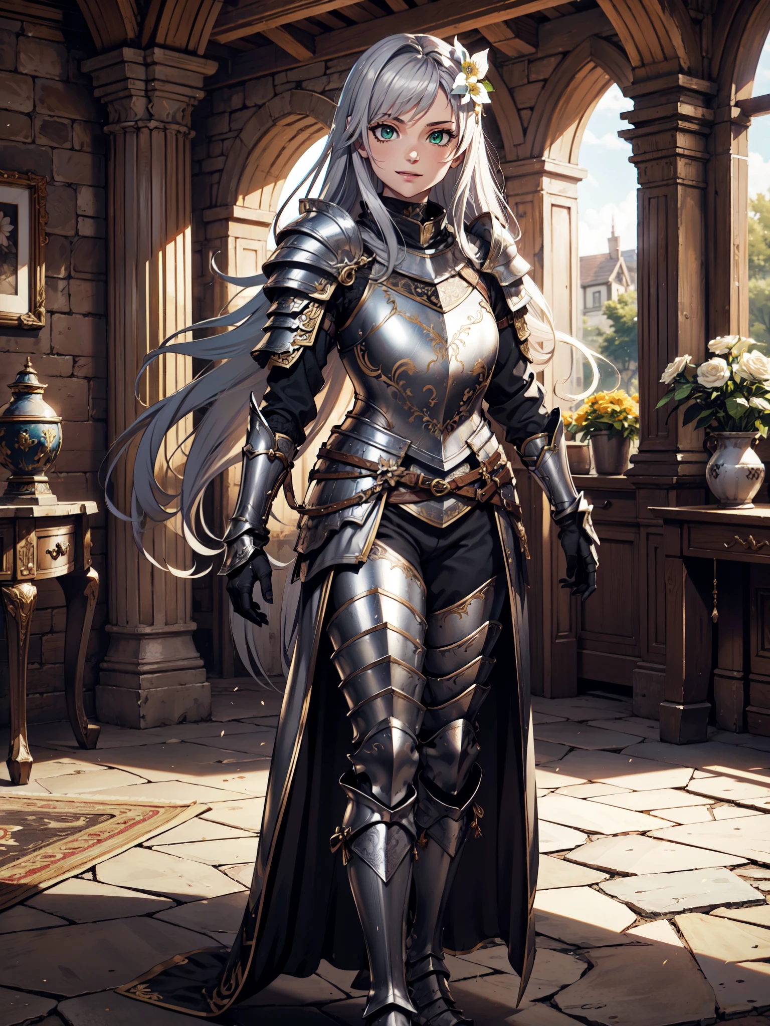 Ultra High Definition, Ultra High Quality, Hyper Definition, Hyper Quality, Hyper Detailed, Extremely Detailed, Perfectly Detailed, 8k, 1 Anime Female, ((Long Silver Hair)), Noble Armor, ((Leg Armor, Armored Pants, Symmetric)), Gloves, Solid Green Eyes, Cheerful Expression, White Flower Barrette, Armored With Full Coverage Noble Plate Armor, Leg Armor, Mansion Room Panoramic Background