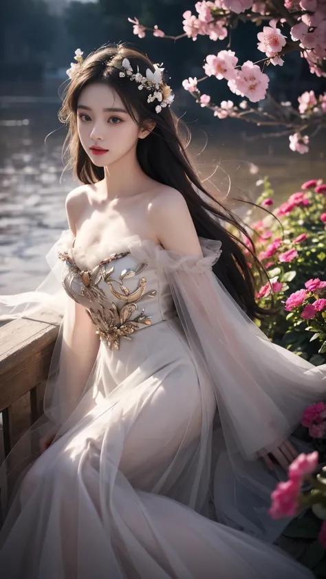 sh33rfl0r4l, long sleeves, black dress, off shoulder, bare shoulders, long dress, see-through, tulle dress, (genshin impact), (masterpiece, best quality:1.2), 1 girl, alone, In the depths of Wonderland，The moonlight falls like water，foggy room，The figure o...