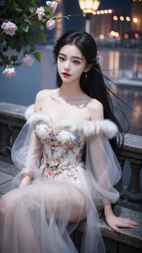 sh33rfl0r4l, long sleeves, black dress, off shoulder, bare shoulders, long dress, see-through, tulle dress, (masterpiece, best quality:1.2), 1girl, solo, ((off shoulder clothes)), In the depths of Wonderland，The moonlight falls like water，foggy room，The fi...