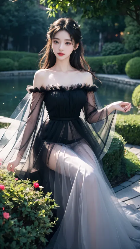 sh33rfl0r4l, long sleeves, black dress, off shoulder, bare shoulders, long dress, see-through, tulle dress, (masterpiece, best quality:1.2), 1girl, solo, ((off shoulder clothes)), In the depths of Wonderland，The moonlight falls like water，foggy room，The fi...