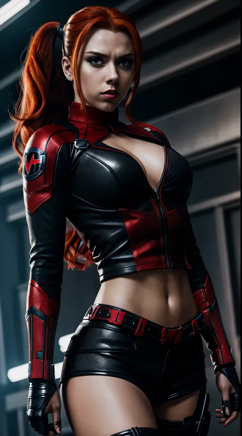 Create a superhero fusion mix of black widow and harley quinn, realistic,ultra hd, solo girl, 8k