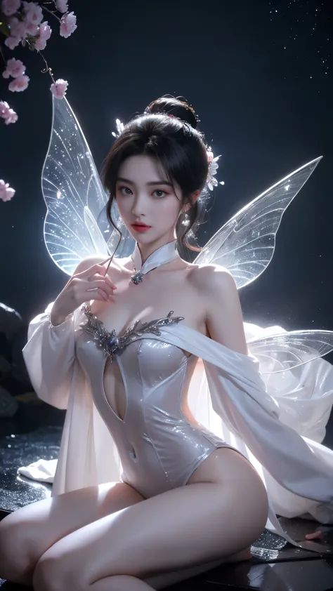 yuechan, (masterpiece, best quality:1.2), 1girl, solo, ((off shoulder clothes)), In the depths of Wonderland，The moonlight falls like water，foggy room，The figure of the heroine is vaguely visible，Just like the fairy in the painting，Slender sexy legs，Very n...