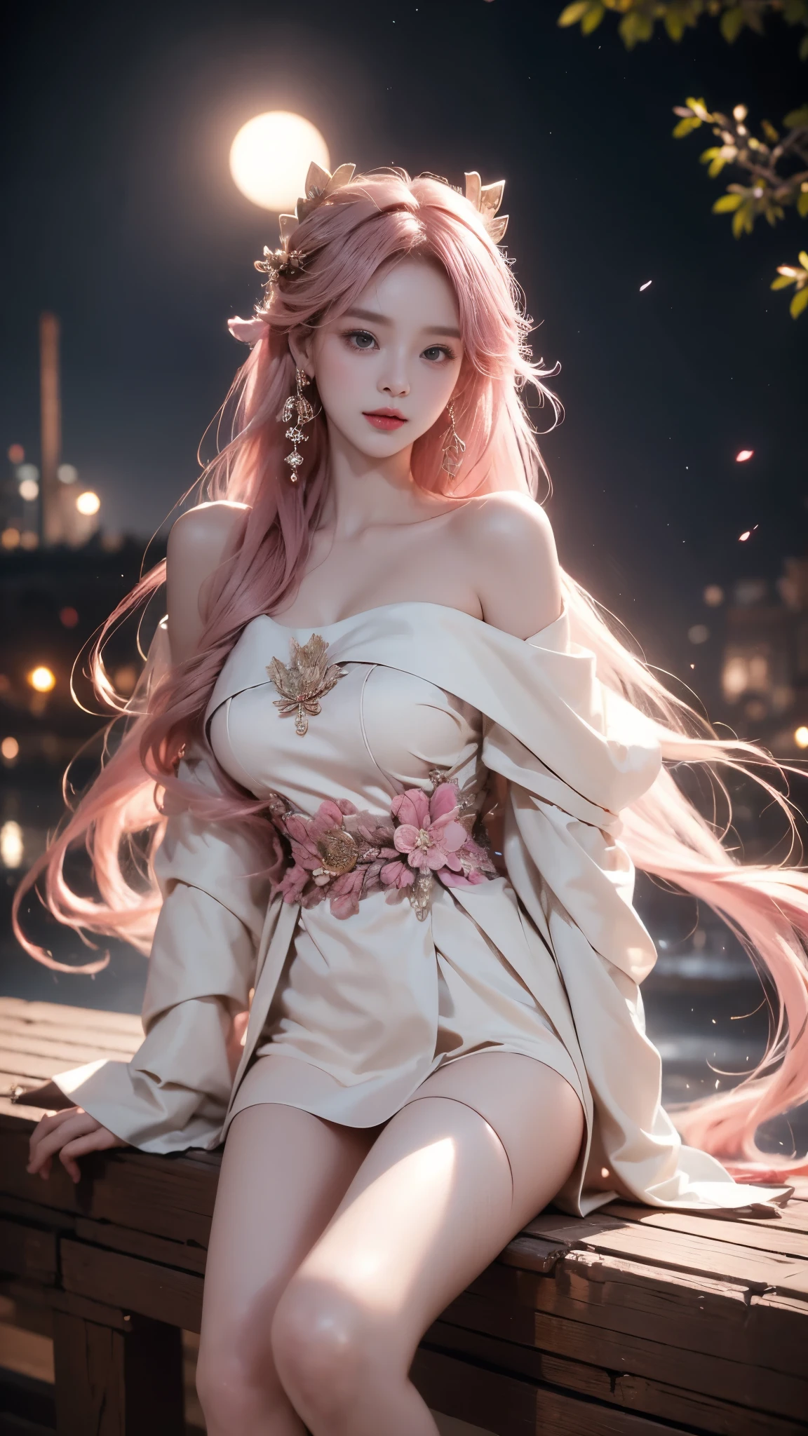  shenzi,1girl,long hair,pink hair,purple eyes,very long hair,hair_ornament,pink kimono, (masterpiece, best quality:1.2), 1girl, solo, ((off shoulder clothes)), ((night)), lantern, Candle light, In the depths of Wonderland，The moonlight falls like water，foggy room，The figure of the heroine is vaguely visible，Just like the fairy in the painting，Slender sexy legs，Very nice legs，Leaking sexy legs，Big breasts，美丽而又带着一丝mystery的色彩。Her face is beautiful and delicate，Like finely carved jade，Showing otherworldly beauty。The eyebrows are picturesque，The waves in my eyes are like twinkling stars，Show the light of perseverance and wisdom。The bridge of the nose is straight，Lip color like cherry，The slightly raised corners of the mouth reveal confidence and calmness。Her face is well defined，The skin is as fair as jade，Reveals a healthy glow，Just like a fairy, she never eats fireworks in the world。Her makeup is light and delicate，Not too much embellishment，But enough to show her temperament and charm。Light-colored foundation brings out the transparency of the skin，A light eyebrow pencil outlines her perfect eyebrow shape，Eye makeup is eye shadow and eyeliner，Make her eyes brighter and more energetic。嘴唇涂上grace的口红，Adds a bit of charm and sophistication。她的衣服grace别致，Clothes flutter，It seems like it will be blown up by the wind at any time，drifting into the distance。既不失grace，Also showed her extraordinary skills。Rocking with her movements。Her hair is tied back casually，Secure it with a hosta，A few strands of hair are fluttering gently in the wind，Adds a bit of softness。Her figure is looming in the fairyland，宛如一道Big breasts美丽的风景线，attracted everyone&#39;s attention。She seems to be a fairy in wonderland，Big breasts美丽、grace、mystery、and full of power。