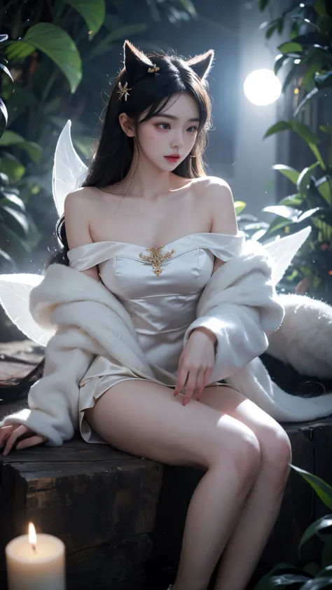 Ahri_Cosplay, White Tails, Black long hair, yellow eyes,  (masterpiece, best quality:1.2), 1girl, solo, ((off shoulder clothes))...