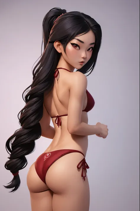 (A sexy Asian woman ?(age 20), (tiny bikini, athletic, big butt, long hair put up in fancy style) she has love poems penned with henna on her back in a artsy font) she is holding her hair up, her back is to the viewer