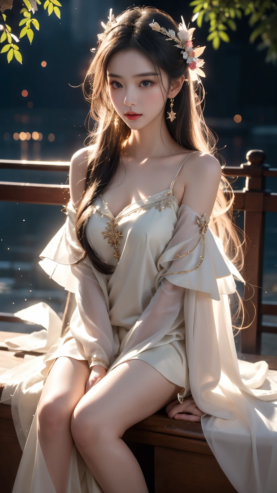  (masterpiece, best quality:1.2), 1girl, 独奏, ((off shoulder clothes)), ((night)), lantern, Candle light, In the depths of Wonderland，The moonlight falls like water，foggy room，The figure of the heroine is vaguely visible，Just like the fairy in the painting，Slender sexy legs，Very nice legs，Leaking sexy legs，Big breasts，Beautiful with a hint of mystery。Her face is beautiful and delicate，Like finely carved jade，Showing otherworldly beauty。The eyebrows are picturesque，The waves in my eyes are like twinkling stars，Show the light of perseverance and wisdom。The bridge of the nose is straight，Lip color like cherry，The slightly raised corners of the mouth reveal confidence and calmness。Her face is well defined，The skin is as fair as jade，Reveals a healthy glow，Just like a fairy, she never eats fireworks in the world。Her makeup is light and delicate，Not too much embellishment，But enough to show her temperament and charm。Light-colored foundation brings out the transparency of the skin，A light eyebrow pencil outlines her perfect eyebrow shape，Eye makeup is eye shadow and eyeliner，Make her eyes brighter and more energetic。Lips painted with grace lipstick，Adds a bit of charm and sophistication。Her clothes are graceful and chic，Clothes flutter，It seems like it will be blown up by the wind at any time，drifting into the distance。Without losing grace，Also showed her extraordinary skills。Rocking with her movements。Her hair is tied back casually，Secure it with a hosta，A few strands of hair are fluttering gently in the wind，Adds a bit of softness。Her figure is looming in the fairyland，宛如一道big breastsbeautiful的风景线，attracted everyone&#39;s attention。She seems to be a fairy in wonderland，big breastsbeautiful、grace、mystery、and full of power。