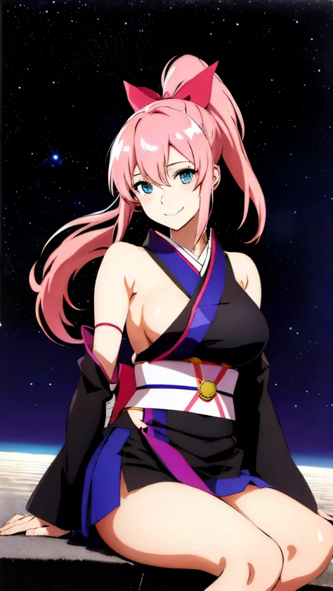 masterpiece, highest quality, High resolution, Lux 3, 1 girl, alone, Lux 3, pink hair, spread legs、show white panties,miniskirt short kimono, blue eyes, hair ornaments,Lux Klein、 very long hair, black sleeves, No sleeve, kimono, bow, black kimono, hair bow...