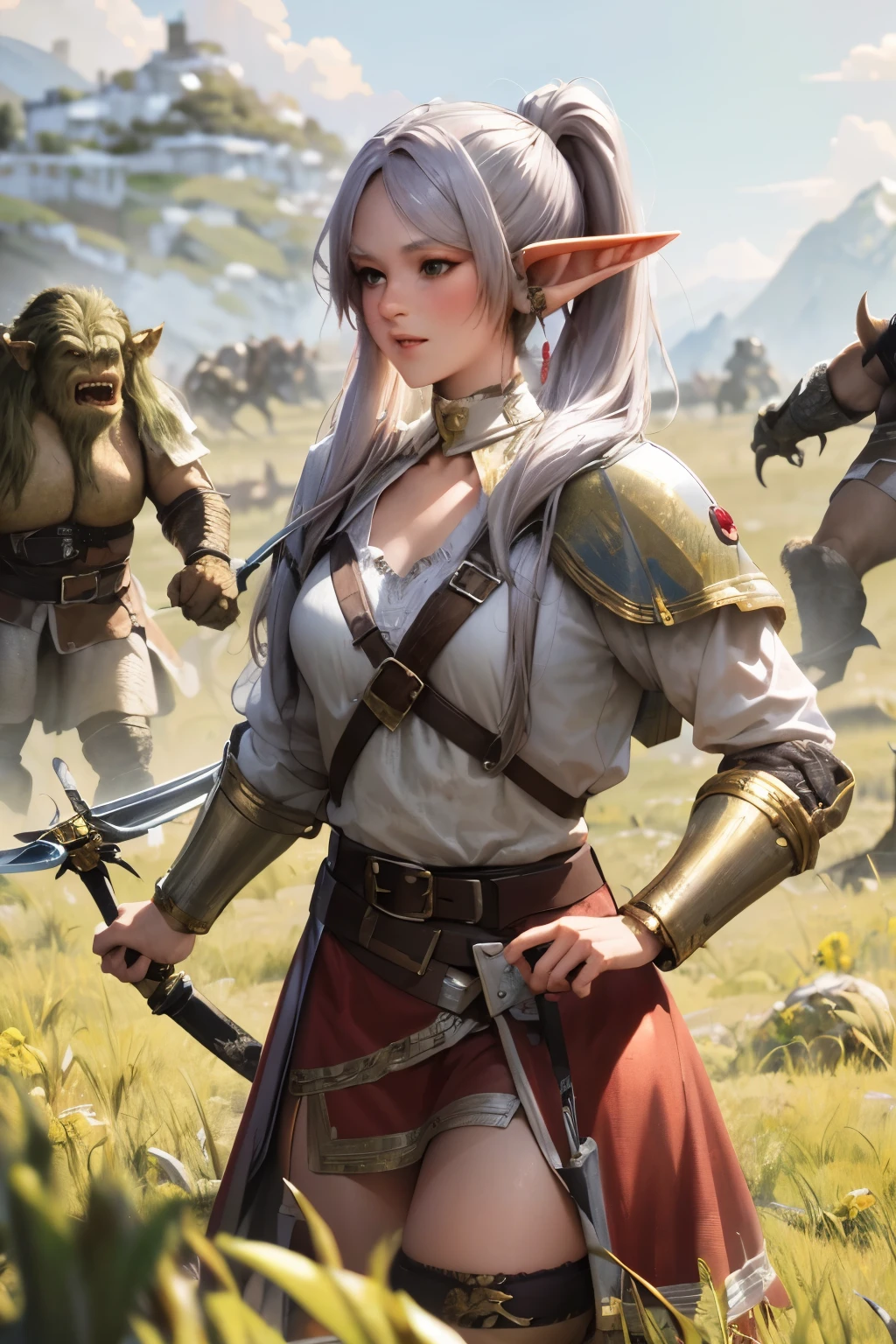 8k, best quality, masterpiece, Very detailed, semi-realistic, 1 girl, adult, 20 years old, long hair, high ponytail, Bangs, Sword in hand, Elf，(Caught by orcs:1.3), struggle, Angry