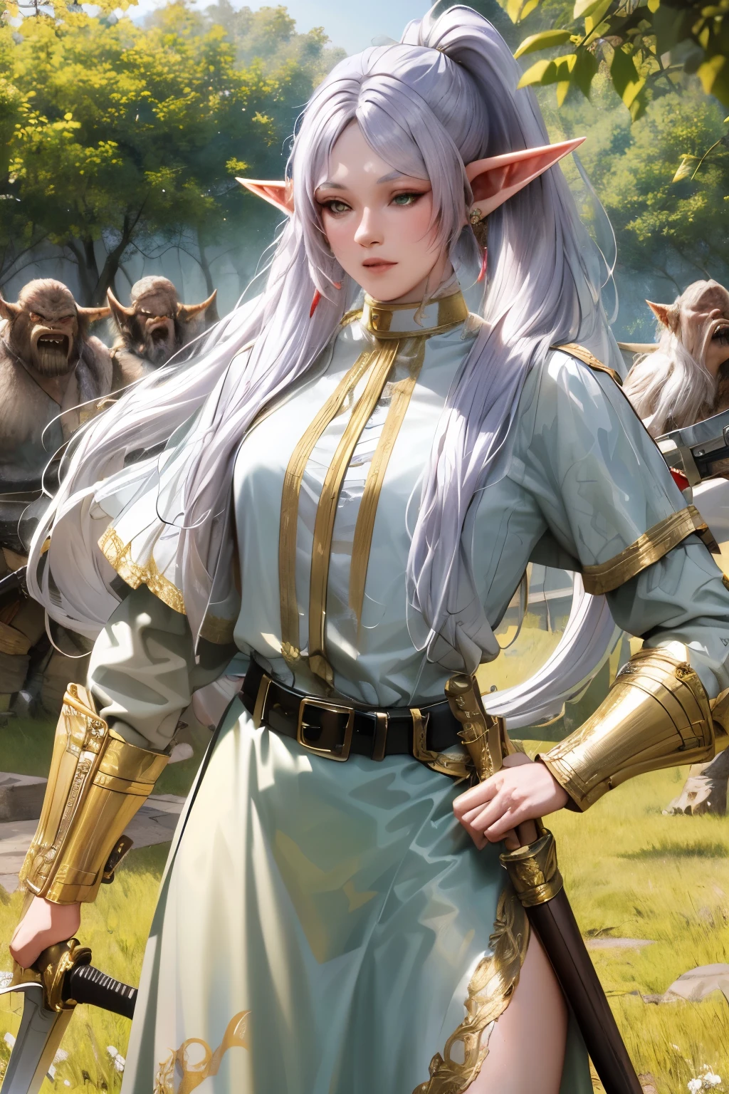 8k, best quality, masterpiece, Very detailed, semi-realistic, 1 girl, adult, 20 years old, long hair, high ponytail, Bangs, Sword in hand, Elf，(Caught by orcs:1.3), struggle, Angry