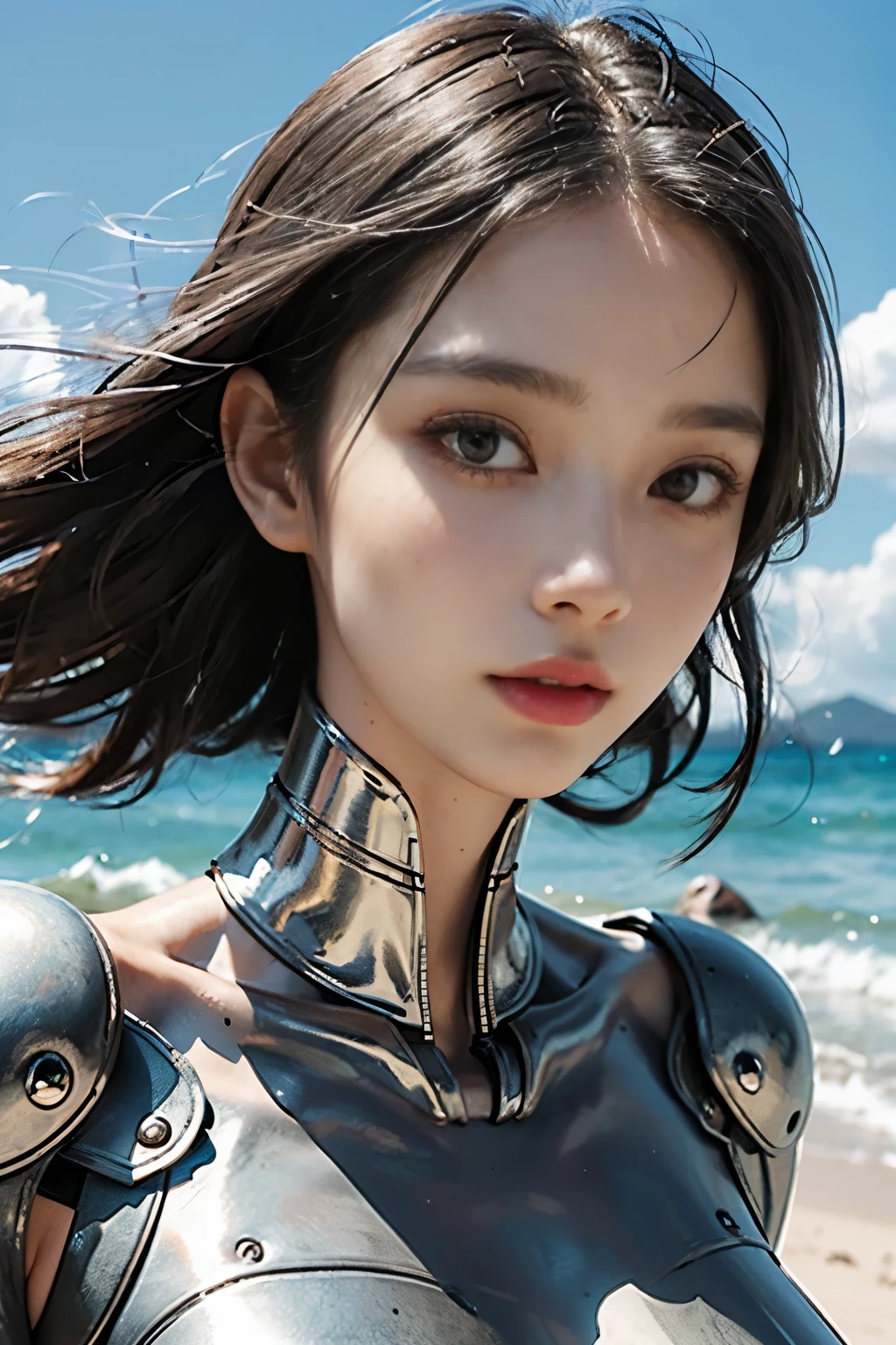 (close up:1.4), Best quality, delicate face, 18 years old girl, slim body, body made of metal, small bust, metal structural skeleton, seaside, standing posture, beach, (((there are huge UFOs floating in the air))), cyberpunk, sci-fi