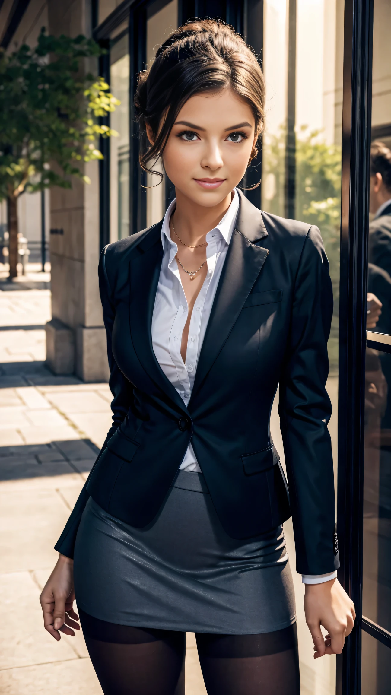 Beautiful lawyer, BIBC, (embarrassed:1.2, smile), (Solo, 20 years old, detailed face, Detailed lips, detailed eyes, dark business suits, mini skirt, pantyhose updo), inside Court, having filed documents, (full body, athletic body), perfect face, Perfect image realism, detailed clothes, Shirt unbuttoned, see through:0.5, Hyper-Realism, Photorealistic, 8K maximum resolution, (​masterpiece), highly detailed, Professional, cinematic lighting, rim lighting, studio lighting