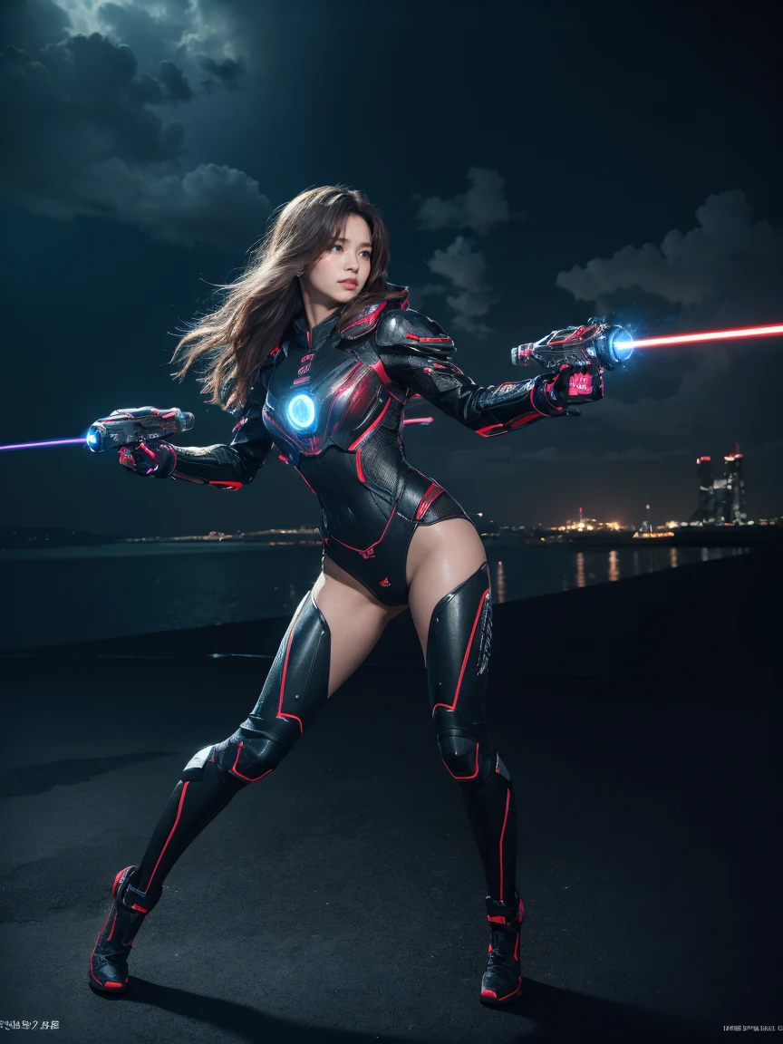 8K, highest quality, masterpiece, realistic, ultra detail,  photograph, HDR, High resolution, cinematic light, official art, High resolution, Depth of written boundary,(emits laser light), girl１name、20-year-old, medium long hair,Take a full body photo、action pose,universe,cloudy sky、universe船、Starlight、thunder、universe戦艦