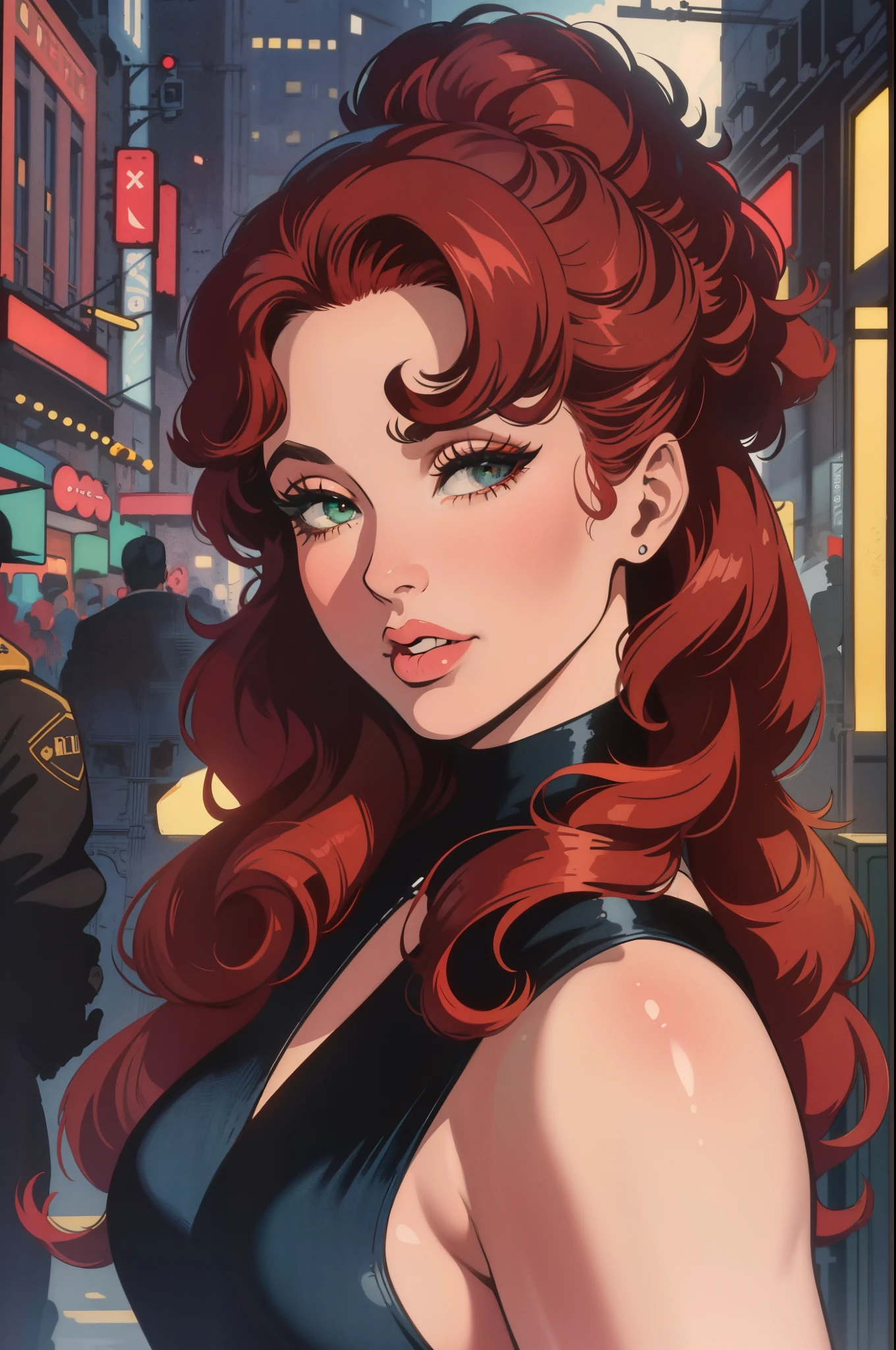(masterpiece),(best quality),(ultra-detailed),(best illustration),(best shadow),(absurdres),(detailed background), Close up, women, long red hair, 1950s, Black dress, black eyeshadow, 1950's New york background, elegant, 50's aesthetic,