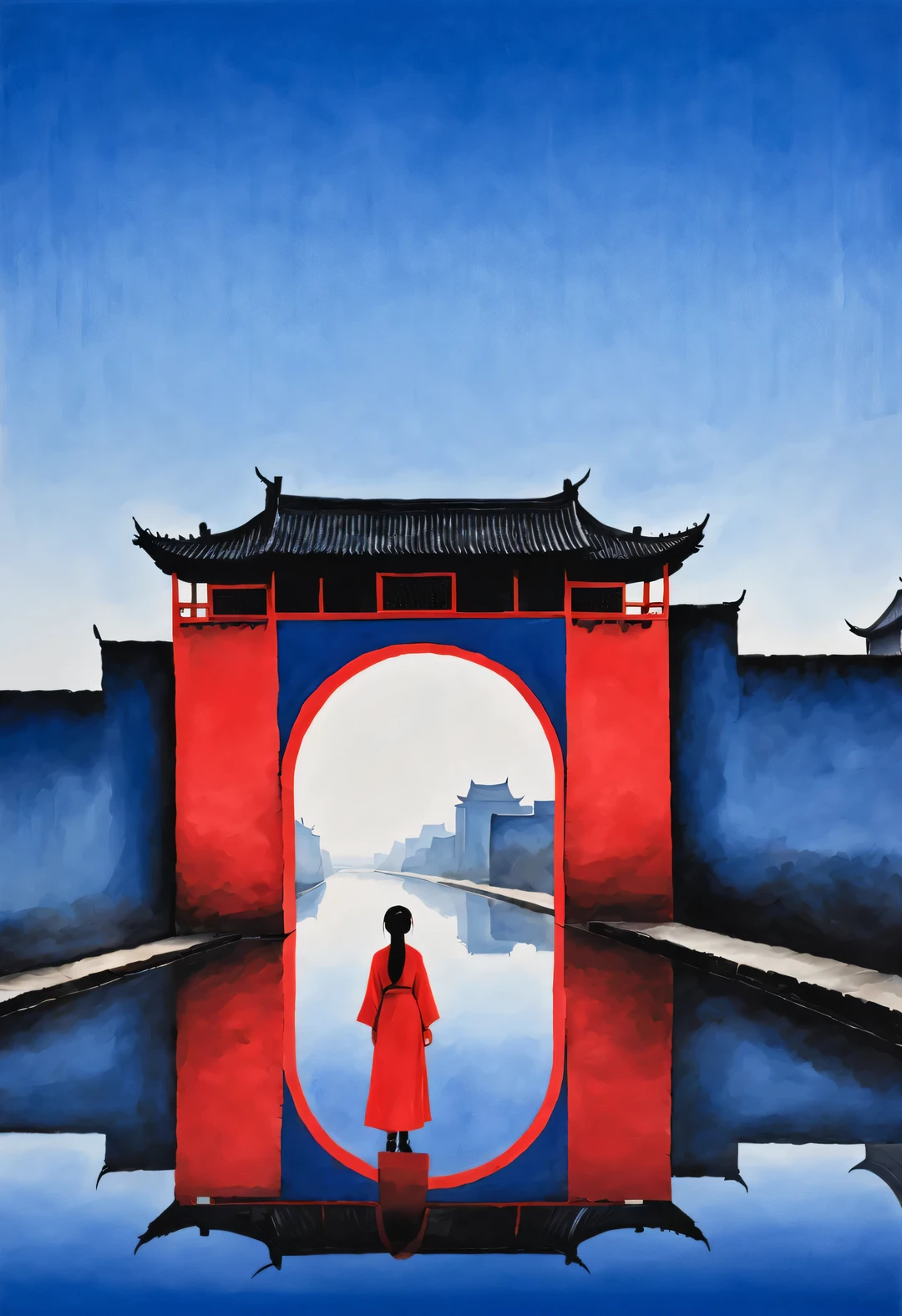 minimalist composition，The main color is Chinese red、indigo，gouache art，Studio photos，Silhouette of ancient Chinese red arched city gate，A Chinese woman with long hair and red clothes is standing there，like walking into the city gate，Looking at the blue sky in the distance ， reflection，diffusion gradient，Sense of space ，sense of lines，translucent，matte texture，chenjialing，Liu Ye，Minimalism