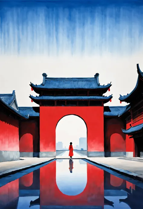 minimalist composition，The main color is Chinese red、indigo，gouache art，Studio photos，Silhouette of ancient Chinese red arched c...