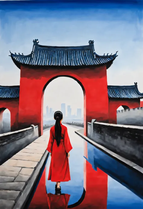 minimalist composition，The main color is Chinese red、indigo，gouache art，Studio photos，Silhouette of ancient Chinese red arched c...