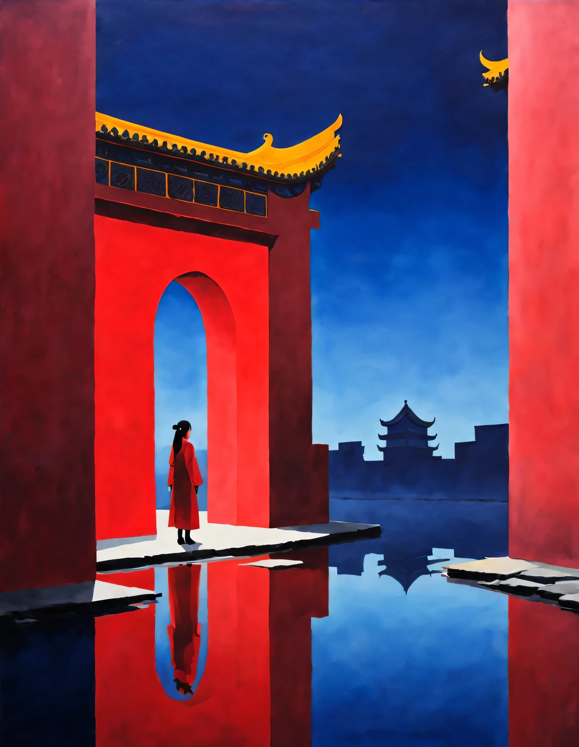 minimalist composมันion，สีหลักคือสีแดงจีน、คราม，ศิลปะ Gouache，สตูดิโอภาพถ่าย，Silhouette of ancient Chinese red arched cมันy gate，A Chinese woman wมันh long hair and red clothes is standing there，มัน&#39;เหมือนเดินเข้าประตู，看着远处คราม的天空 ， การสะท้อน，การไล่ระดับการแพร่กระจาย，ความรู้สึกของพื้นที่ ，ความรู้สึกของเส้น，โปร่งแสง，เนื้อแมท，เฉินเจียหลิง，หลิวเย่，ความเรียบง่าย