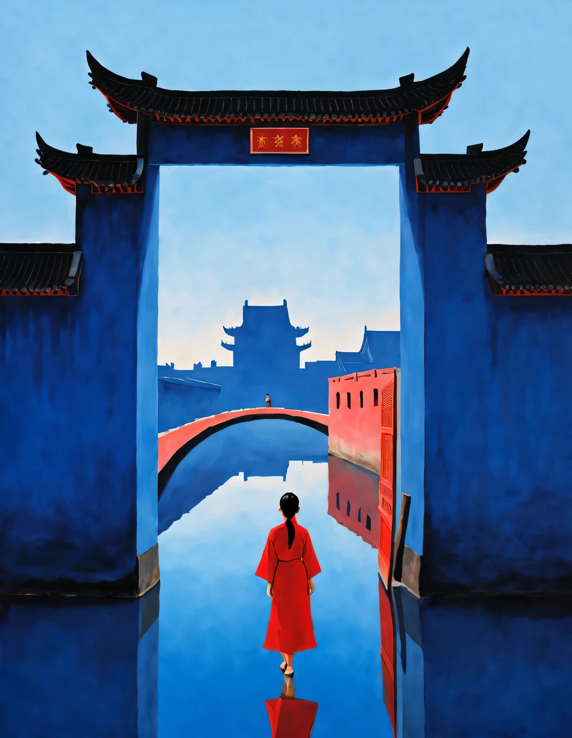 minimalist composition，The main color is Chinese red、indigo，gouache art，Studio photos，Silhouette of ancient Chinese red arched city gate，A Chinese woman with long hair and red clothes is standing there，it&#39;like walking in the door，看着远处indigo的天空 ， reflection，diffusion gradient，Sense of space ，sense of lines，translucent，matte texture，chenjialing，Liu Ye，Minimalism