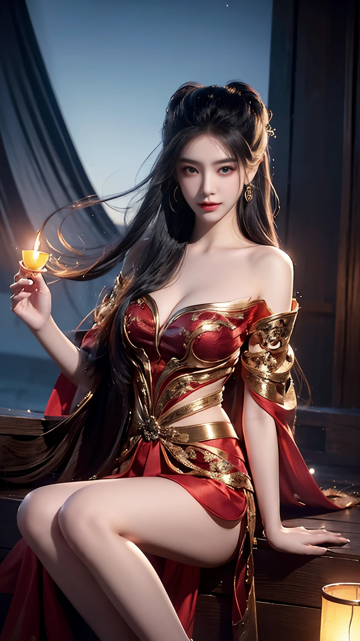 ylj, (masterpiece, best quality:1.2), 1 girl, alone, ((off-the-shoulder clothes)), ((night)), lantern, candlelight, In the depths of Wonderland，The moonlight falls like water，foggy room，The figure of the heroine is vaguely visible，Just like the fairy in the painting，Slender sexy legs，very nice legs，Show sexy legs，big breasts，Beautiful with a hint of mystery。Her face is beautiful and delicate，Like finely carved jade，Showing otherworldly beauty。The eyebrows are picturesque，The waves in my eyes are like twinkling stars，Show the light of perseverance and wisdom。The bridge of the nose is straight，Lip color like cherry，The slightly raised corners of the mouth reveal confidence and calmness。Her face is well defined，The skin is as fair as jade，Reveals a healthy glow，Just like fairies, She never eats fireworks in this world。Her makeup is light and delicate，Not too much embellishment，But enough to show her temperament and charm。Light-colored foundation brings out the transparency of the skin，A light eyebrow pencil outlines her perfect eyebrow shape，Eye makeup is eye shadow and eyeliner，Make her eyes brighter and more energetic。Lips painted with grace lipstick，Adds a bit of charm and sophistication。Her clothes are graceful and chic，Clothes fluttering，It seems like it will be blown up by the wind at any time，drifting into the distance。Without losing grace，Also showed off her extraordinary skills。Rocking with her movements。Her hair is tied back casually，Secure it with a hosta，A few strands of hair flutter gently in the wind，Adds a bit of softness。Her figure is looming in the fairyland，宛如一道Big breasts beautiful的风景线，Attracted everyone&#39;s concern。She seems to be a fairy in wonderland，Big breasts beautiful、grace、mystery、and full of power。