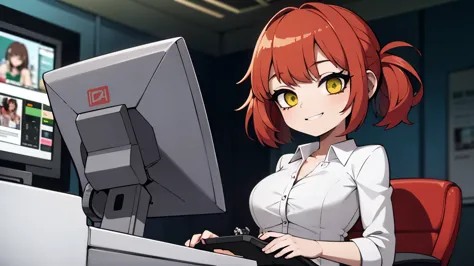 girl,Seated anime girl,sit on a red gaming chair, machine, 2 monitors, gaming computer on machine, (1 girl), green short hair,, Long sleeve white shirt, no socks, smile, beautiful anime artwork, super sharp, masterpiece, High resolution, 8K