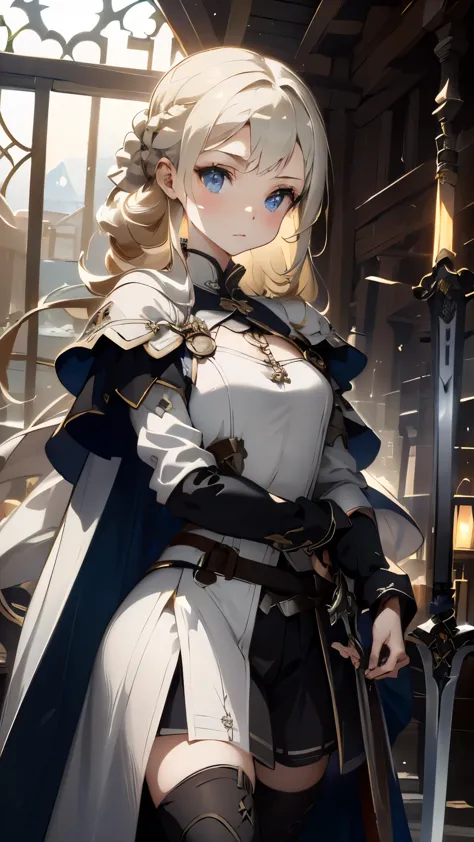 one woman、Rin々new appearance、Rinとした表情、cold look、medieval monk、pure white battle uniform、blonde、french braid、have a sword、white c...