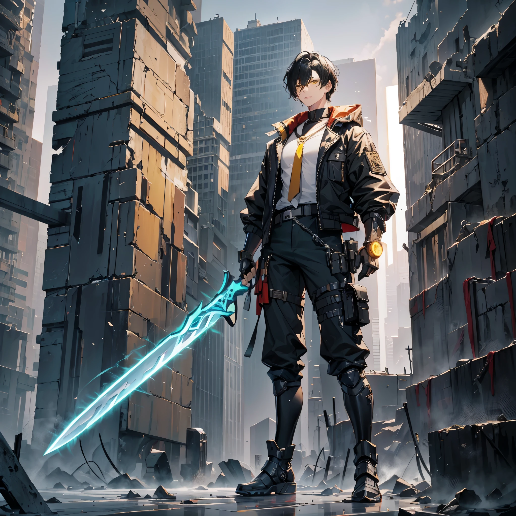 (table top, highest quality), (Perfect athlete body:1.2), (fine hair), super detailed,solo male painting,Detailed facial,perfect face, Precise detail depiction,cyberpunk samurai male,Wield a giant sword Male high school student,black male uniform（Y-shirt,tie,Dock Tags,pants）,18-year-old,rough short hair（black hair,bounce outside）, yellow eyes:Luminescence 0.2, Wield a giant sword（samurai sword,Power Pipe,）, Standing in the wasteland, Flying sparks,Destroyed walls,destroyed building room,Wear high-tech boots, Equipping the Cyberpunk Gauntlet（five fingers,Detailed finger depiction,Basket Hands,drawing of fingertips）,8K high resolution, trend art station, white background, Standing in the wasteland, take a pose
