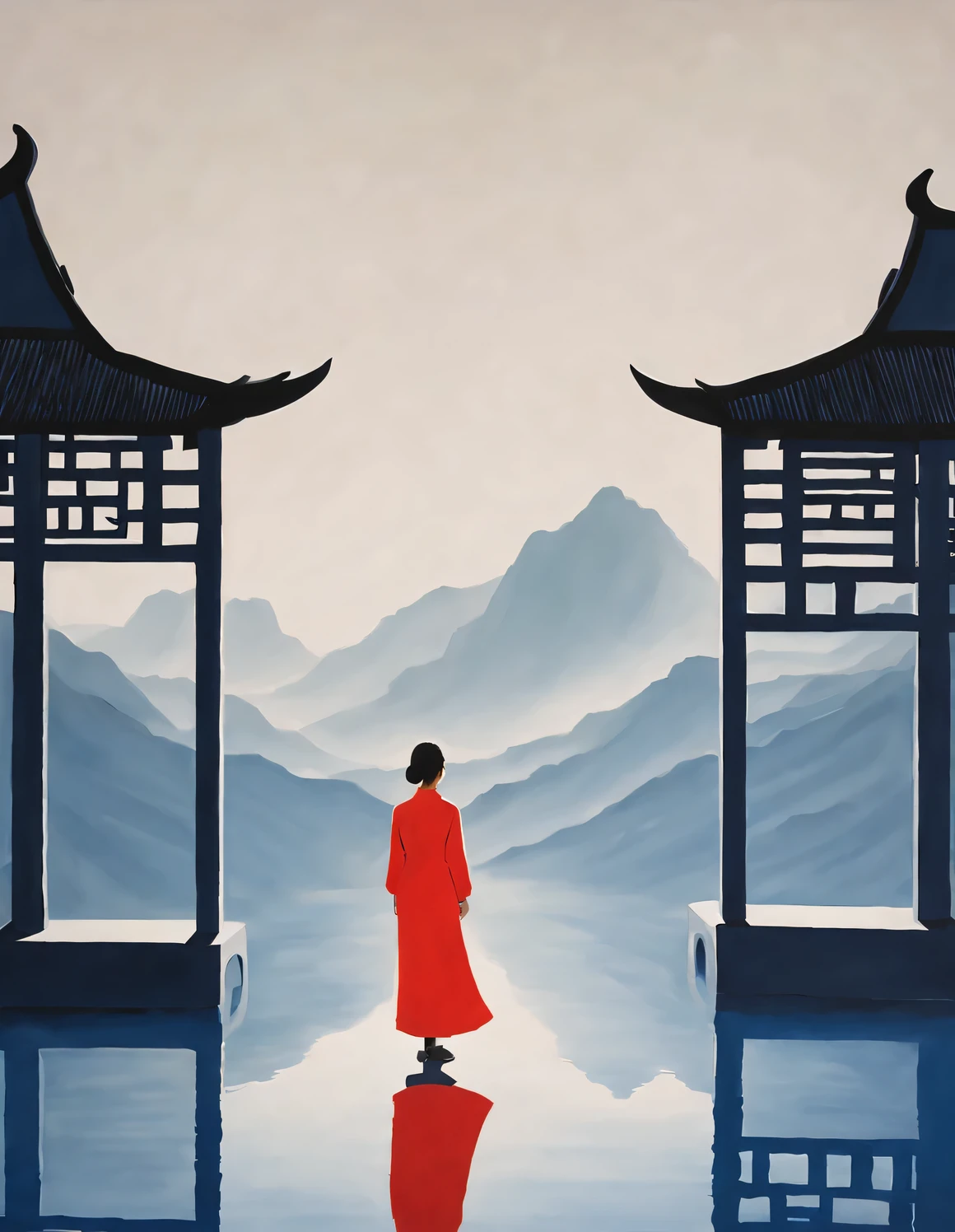 minimalist composition，The main color is Chinese red、indigo，gouache painting，Studio photos，Ancient Chinese red city wall gate，A woman with long hair in red clothes is standing there，like walking into the city gate，Looking at the blue sky in the distance，Blue water surface ， reflection，diffusion gradient，，Sense of space ，sense of lines，translucent，matte texture，chenjialing，Ando，Liu Ye，Minimalism