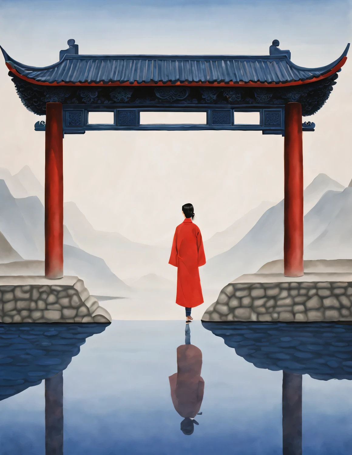 minimalist composition，The main color is Chinese red、indigo，gouache painting，Studio photos，Ancient Chinese red city wall gate，A woman with long hair in red clothes is standing there，like walking into the city gate，Looking at the blue sky in the distance，Blue water surface ， reflection，diffusion gradient，，Sense of space ，sense of lines，translucent，matte texture，chenjialing，Ando，Liu Ye，Minimalism