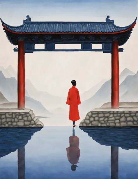 minimalist composition，The main color is Chinese red、indigo，gouache painting，Studio photos，Ancient Chinese red city wall gate，A ...