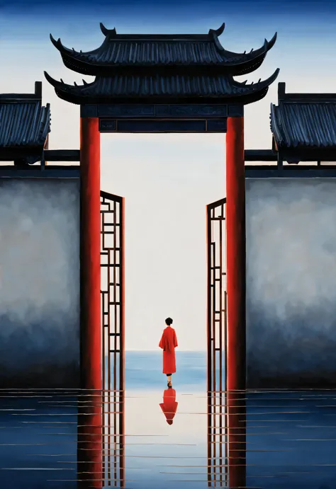 minimalist composition，The main color is Chinese red、indigo，gouache painting，Studio photos，Ancient Chinese red city wall gate，A ...