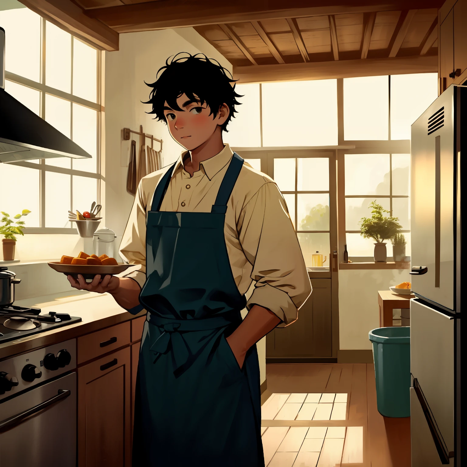 A boy, standing in the kitchen, holding a dish in his hand, looking sideways