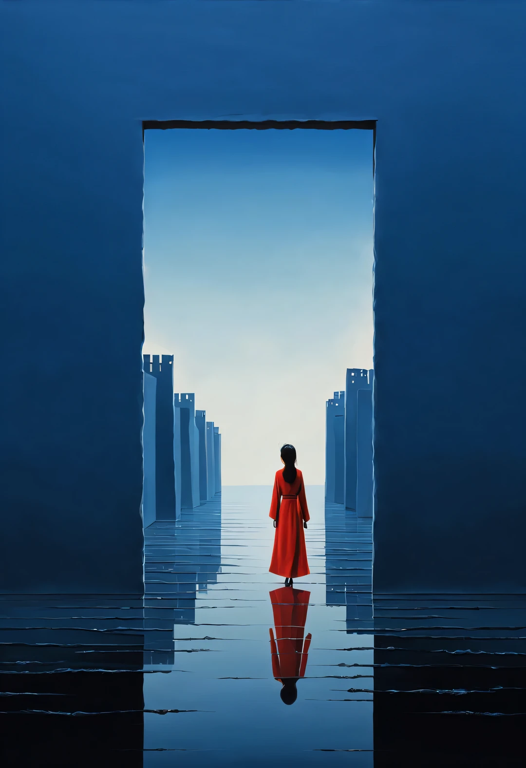 minimalist composition，Chinese red and indigo blue，gouache painting，Studio photos，Ancient Chinese red city wall gate，A woman with long hair in red clothes is standing there，like walking into the city gate，Looking at the blue sky in the distance，Blue water surface
， reflection，diffusion gradient，Liu Ye，Sense of space ，sense of lines，translucent，matte texture，chenjialing，Ando，Liu Ye，Minimalism