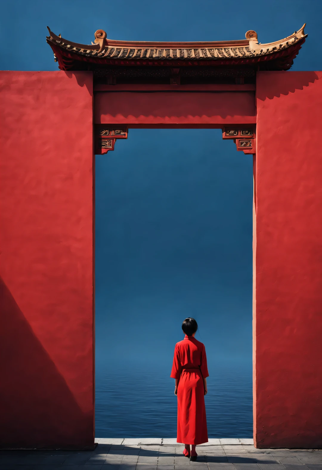 Simple composition ancient Chinese red city wall gate，along, The messy woman in red dress stands there，like walking into the city gate，Looking at the blue sky in the distance，blue aqua chinese red indigo， reflection，diffusion gradient，Liu Ye，Sense of space ，sense of lines，translucent，matte texture，chenjialing，Ando，Liu Ye，Minimalism