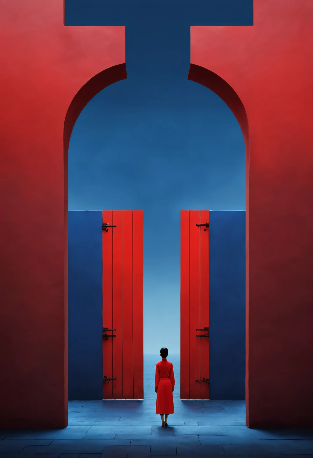 Simple composition ancient Chinese red city wall gate，A woman in red is standing there，like walking into the city gate，Looking at the blue sky in the distance，blue aqua chinese red indigo， reflection，diffusion gradient，Liu Ye，Sense of space ，sense of lines，translucent，matte texture，chenjialing，Ando，Liu Ye，Minimalism