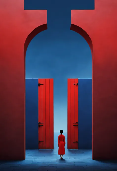 Simple composition ancient Chinese red city wall gate，A woman in red is standing there，like walking into the city gate，Looking a...
