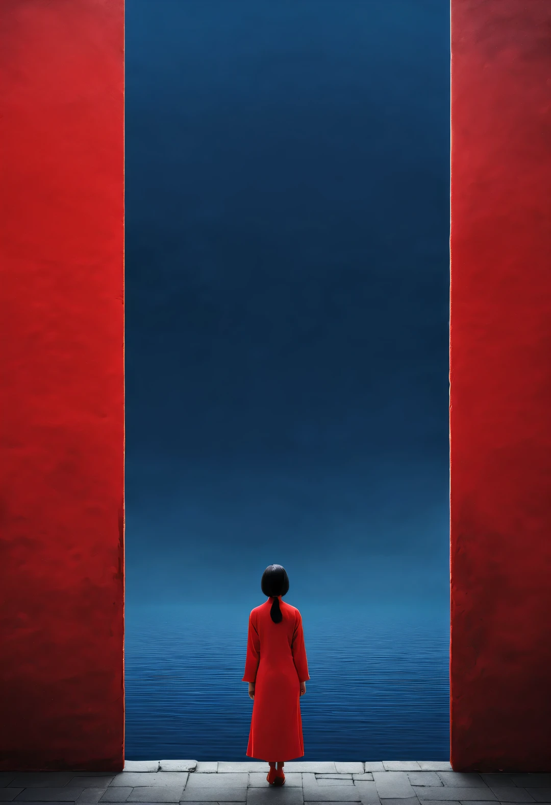 Simple composition ancient Chinese red city wall gate，A woman in red is standing there，like walking into the city gate，Looking at the blue sky in the distance，blue aqua chinese red indigo， reflection，diffusion gradient，Liu Ye，Sense of space ，sense of lines，translucent，matte texture，chenjialing，Ando，Liu Ye，Minimalism