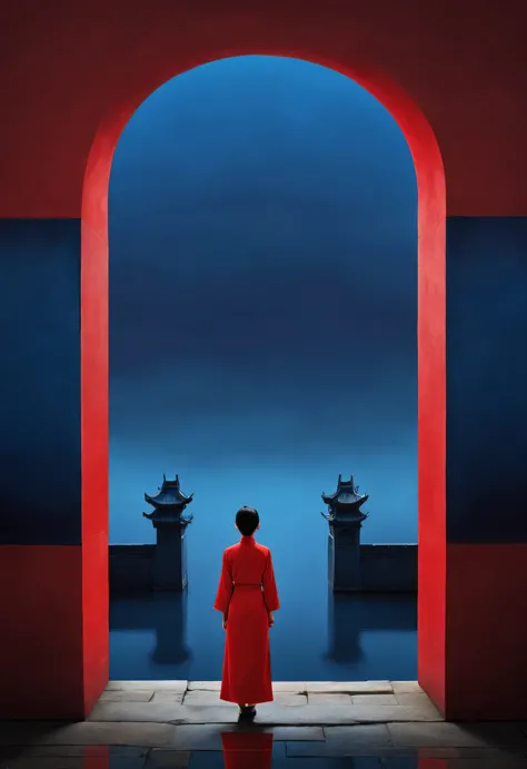 Simple composition of ancient Chinese red city gate，A woman in red stands in front of the city gate，As if looking at the blue sk...