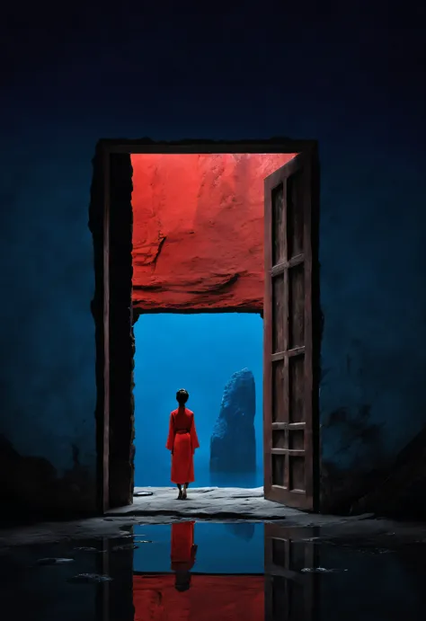 Minimalist composition of ancient Chinese red city gate，A woman in red stands at the door，As if looking at the blue sky in the d...