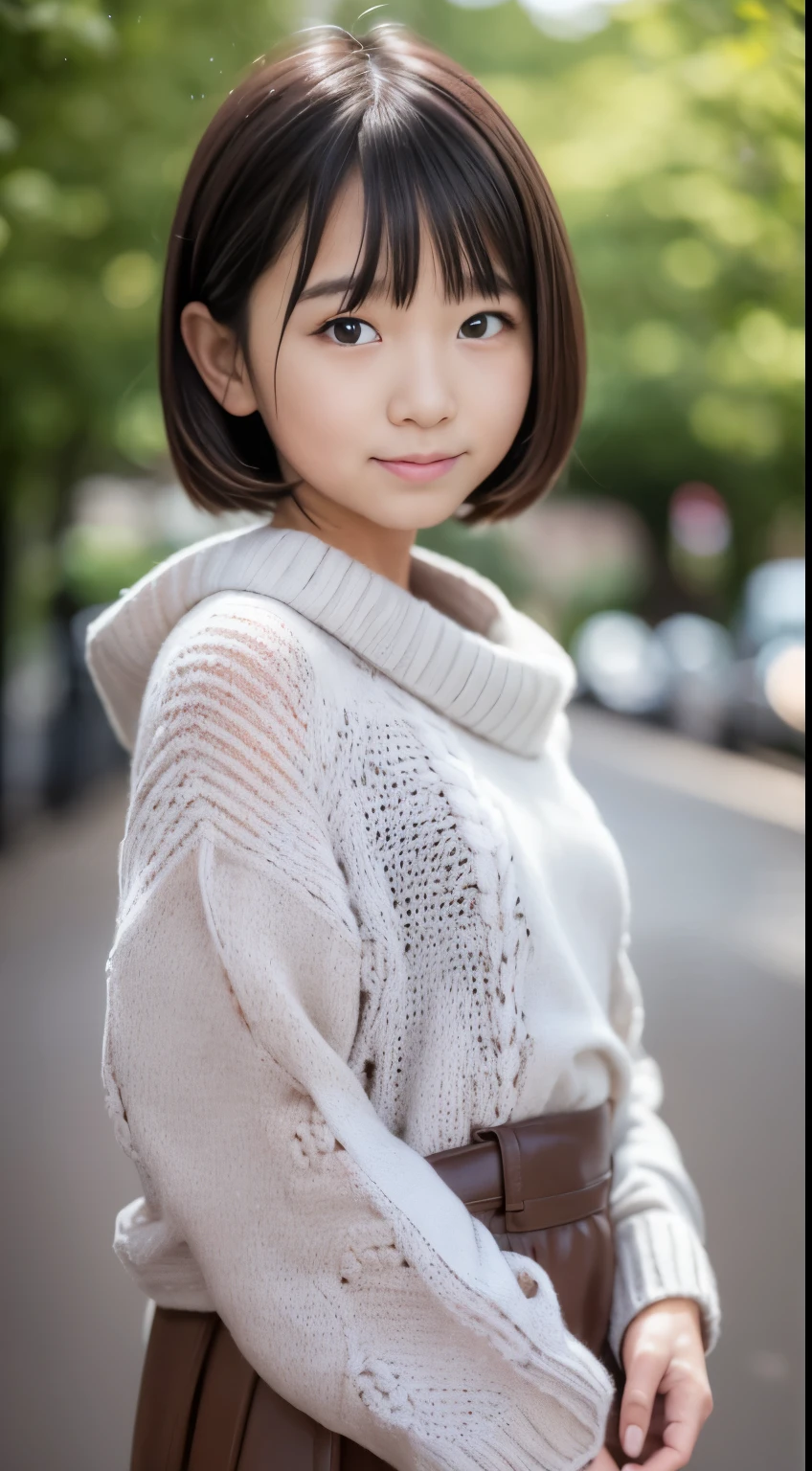 standing under the cherry tree, japanese girl, 15 years old, little, cute, (white oversized knitted sweater:1.3), snowing, pupils sparkling, brown short hair, depth of field, f/1.8, anatomically correct, textured skin, super detail, high details, high quality, super detail, high details, high quality, best quality, highres