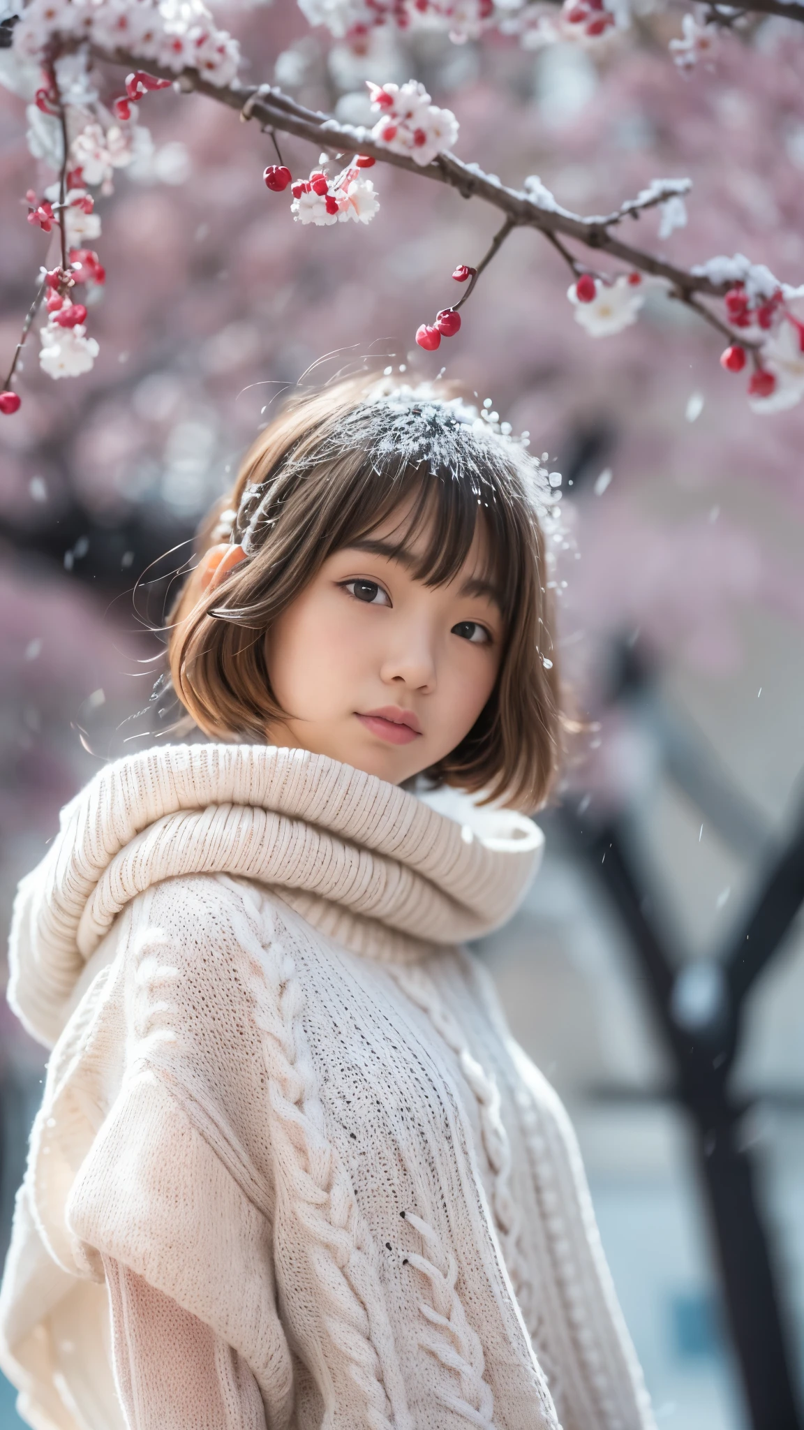 standing under the cherry tree, japanese girl, 15 years old, , cute girl, (white oversized knitted sweater:1.3), snowing, pupils sparkling, brown short hair, depth of field, f/1.8, perfect face, super detail, high details, high quality, super detail, high details, high quality, best quality, highres