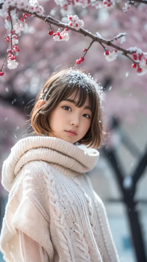 standing under the cherry tree, japanese girl, 15 years old, , cute girl, (white oversized knitted sweater:1.3), snowing, pupils...