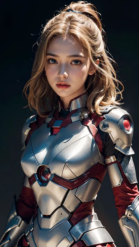 Full view, full body, in the armor of Iron Man,  girl with short blond hair, emphasis on extreme details (skin pores, fabric tex...