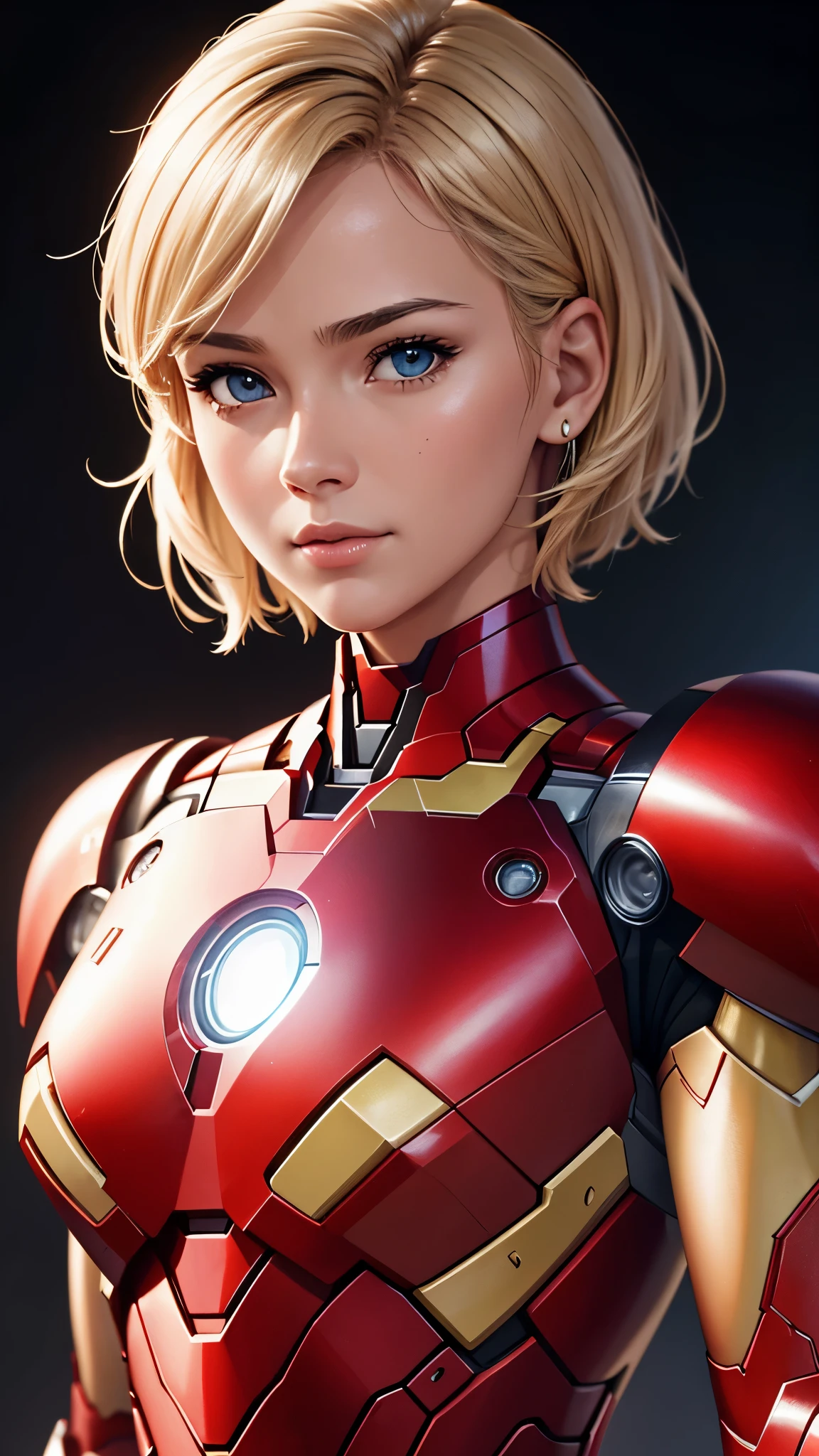 Full view, full body, in the armor of Iron Man,  girl with short blond hair, emphasis on extreme details (skin pores, fabric texture, subtleties of clothing). shiny with silver light, fine face and nose, fine mouth, analog style, skin texture, film grain, Ultra High Resolution, best shadow, RAW, high detailed face, high detailed skin, high detail face, beautiful face, natural skin texture, no reflection, see the grain of its skin, high detailed face, high detailed skin, Fujifilm XT3, realistic photography, perfect face.