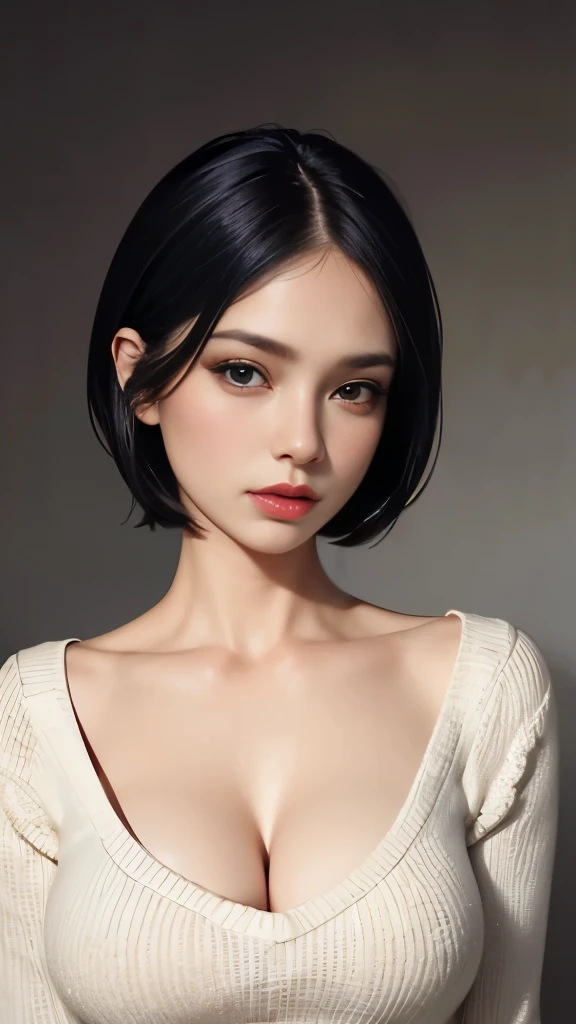 (masterpiece:1.3), (8K, realistic, RAW photo, highest quality: 1.4), (1 girl), beautiful face, big breasts、big cleavage、(black hair, short hair:1.3), beautiful hairstyle, realistic eyes, beautiful and fine eyes, (realistic skin), beautiful skin, (sweater), disorganized, Charm, ultra high resolution, surreal, very detailed, sweaterワンピース、ロングsweater、beautiful legs、Charmな太もも、((, Full shot :1.8)) , 