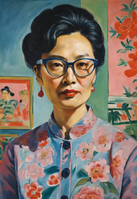 styleraoul dufy design，portrait of modern chinese mother wearing glasses，brutalist