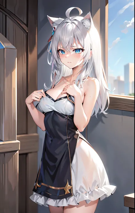 Alisa mikhailovna kujou,  Ojos azules cristalimos, mejor calidad, ojos en alta definicion, super detallados, best quality, ultra detailliert, 4k anime girl, anime - style image of a woman with long white hair and a cat ears, wavy hair, perfect white haired...