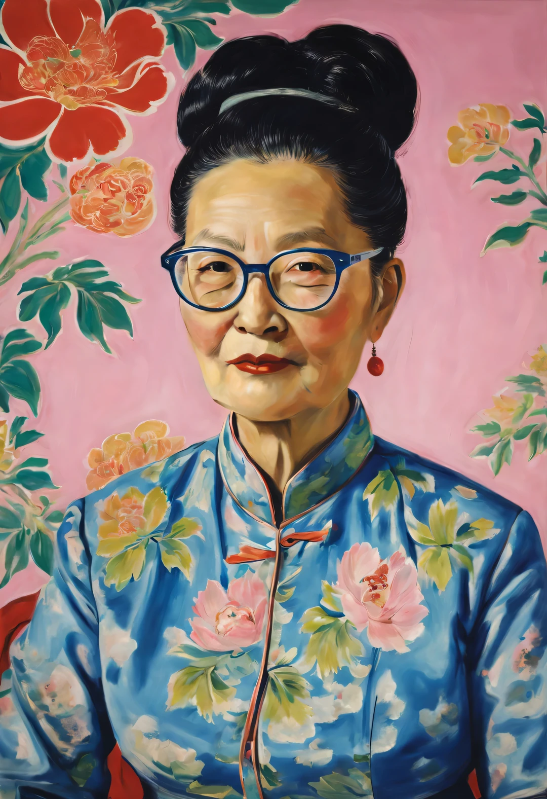 StyleRaoul Dufy Design，Portrait of Chinese aunt wearing glasses，