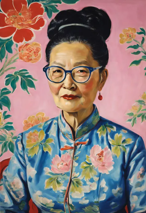 styleraoul dufy design，portrait of chinese aunt wearing glasses，