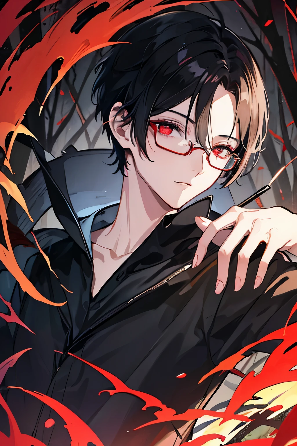 Anime boy with black hair and red eyes holding a knife - SeaArt AI