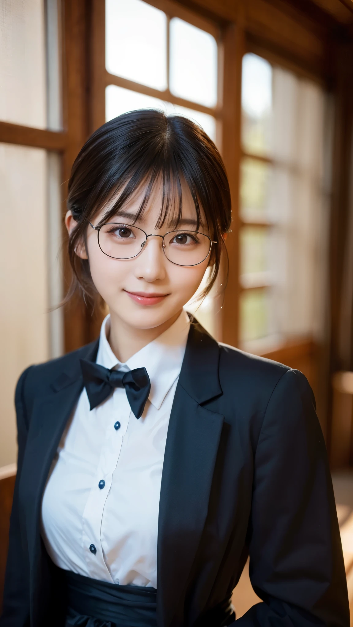(highest quality,masterpiece:1.3,ultra high resolution),(Super detailed,caustics,8k),(photorealistic:1.4,RAW shooting),girl dressed as a butler,Japanese,boyish,smile,20-year-old,black hair short cut,glasses,looking at the camera,Inside a Western-style mansion,shot from the waist up,front,face focus,Face close-up,(Warm light),professional writing